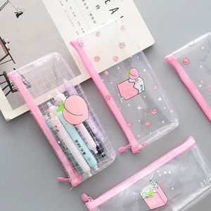 Süßes transparentes PVC-Mäppchen mit Pfirsichmustern und rosa Reißverschluss