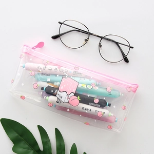Transparente PVC-Federtasche mit Pfirsich-Druck und rosa Milchkarton-Motiv