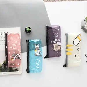 Set of four transparent cartoon cat pencil cases in pink, blue, purple and beige colors