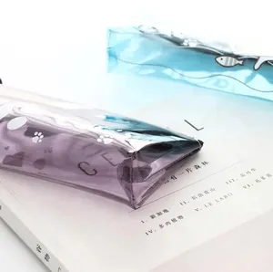 Cute transparent PVC cat pattern stationery pencil cases with large capacity in soft colors