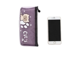 Transparent purple cat pencil case with large capacity shown beside a smartphone for size