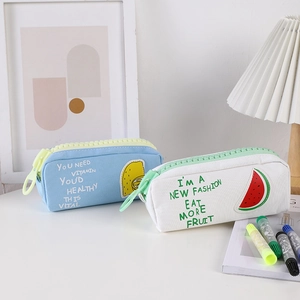Large capacity canvas pencil pouch set with fruit patterns and oversized zippers