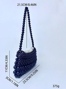 Handmade black beaded shoulder bag with pearl chain and size dimensions 23.5x11x3cm