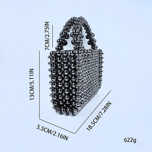 Detailed view of handmade metallic grey beaded handbag with precise size specifications