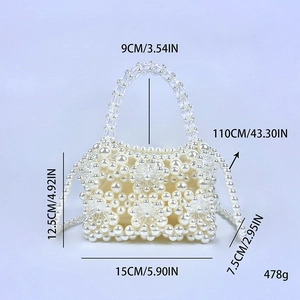 Detailed size measurement of handmade acrylic pearl bag showing dimensions and chain strap