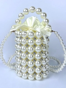 Handmade Artificial Pearl Beaded Bucket Bag Cylinder Satin Drawstring Crossbody Shoulder Mini Handbag Elegant Evening For Women