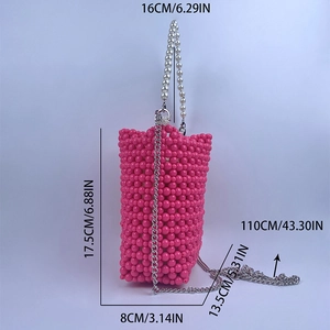 Detailed size specifications for the rose pink woven bucket bag with pearl handle and chain
