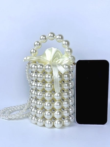 Handmade pearl beaded bucket bag with drawstring satin lining and detachable shoulder strap