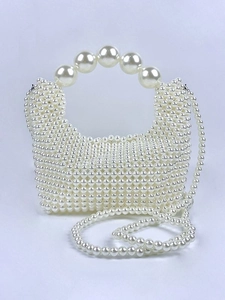 Elegante handgeweven witte parelhandtas met rond handvat en afneembare lange schouderriem