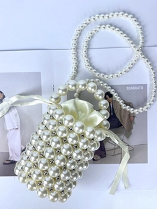 Handmade pearl beaded mini bucket bag with satin drawstring pouch and shoulder chain strap