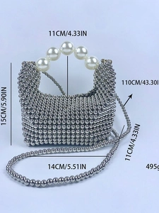 Handgemaakte zilveren kralen handtas met parel handvat en crossbody ketting maten