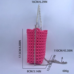 Pink handmade beaded bucket bag dimensions and silver chain strap details