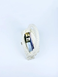 Handmade white pearl beaded handbag with spacious interior for daily cosmetics