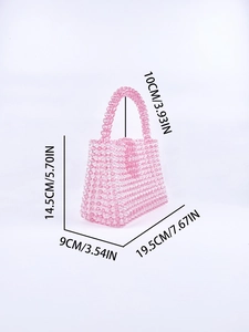 Detailed dimensions of pink beaded bag: 19.5cm length, 14.5cm height and 10cm handle drop