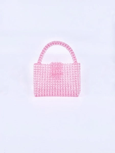 Close-up of pink and clear acrylic beaded handmade handbag with woven top handle detail