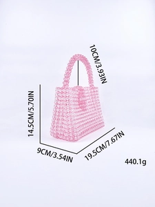 Size specifications of pink acrylic beaded mini handbag with precise dimensions and weight