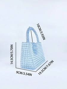 Detailed size chart of light blue translucent acrylic beaded woven handbag with dimensions