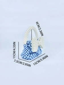 Dimensioni della borsa di perline blu con fiocco bianco e manico decorativo