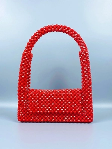 Handgefertigte Rote Acryl Perlen Handtasche Für Damen Vintage Gewebte Klappe Quadratische Tasche Für Urlaub Reisen Alltag