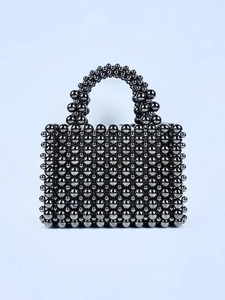 Handmade Woven Beaded Handbag For Women Graphite Metallic Luster Small Square Acrylic Bead Tote Daily Fashion Party Purse