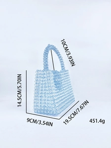 Detailed dimensions of light blue beaded handmade acrylic handbag with weight info