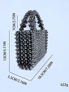 Handmade dark grey beaded handbag for women with metallic luster and dimensions shown