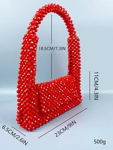 Elegante rote Acryl-Perlenhandtasche mit Tragegriff und präzisen Größenangaben
