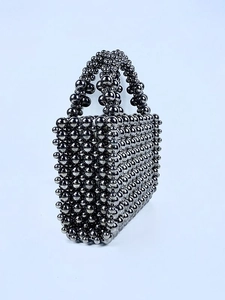 Handmade woven metallic pearl beaded handbag with minimalist square box structure