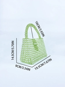 Detail view of handmade green acrylic beaded bag with precise size dimensions shown
