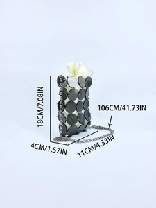 Detailed view of shiny grey sequin mini shoulder bag with silver chain and size dimensions