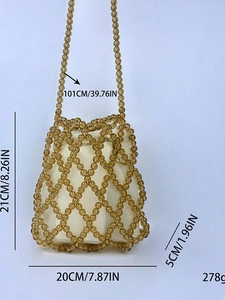 Borsa a secchiello in perline marroni con sacchetto interno bianco, misura 21x20x5 cm