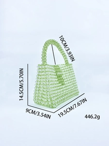 Detail view of green acrylic beaded handbag with precise size and weight measurements