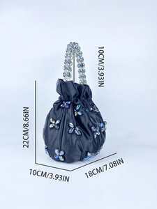 Detailed dimensions of black satin drawstring bucket bag with colorful crystal flowers