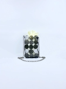 Mini crossbody bag with grey acrylic discs, metallic rings and a silver chain strap