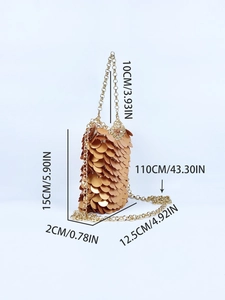 Detailed size parameters for the golden sequin bucket bag with chain strap and handle