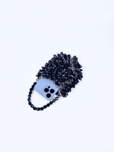 Handmade black acrylic beaded handbag with top handle and metal chain for women