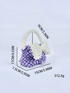Borsa a mano con perline viola, fiocco bianco e specifiche dettagliate delle misure