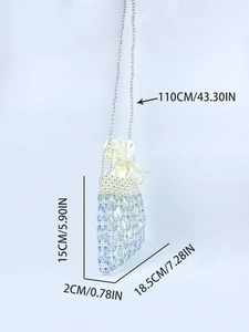 Detail of beaded bag dimensions showing strap length and handmade weaving structure