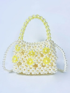 Handmade pearl beaded mini handbag with yellow acrylic flowers and crossbody strap