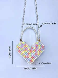 Detail of colorful beaded heart bag with dimensions and pearl strap measurements