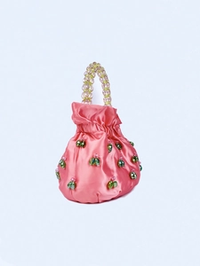Detail of pink satin drawstring handbag with handmade crystal cherry bead ornaments