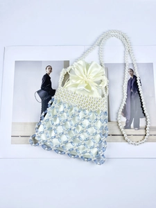 Handmade pearl and blue bead crossbody bag with cream satin drawstring lining