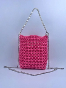 Handmade rose red beaded bucket bag with white pearl handle and silver chain strap