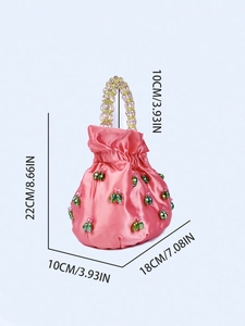 Pink satin handbag with beaded flowers showing dimensions 22cm x 18cm x 10cm