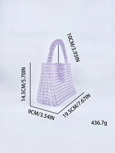 Detailed view of handmade light purple acrylic beaded handbag with precise dimensions
