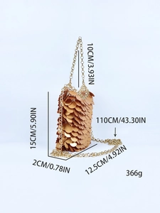 Detailed size specifications for the gold sequin chain mini bag with dimensions