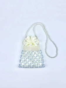Handmade pearl and blue beaded crossbody bag with drawstring satin lining