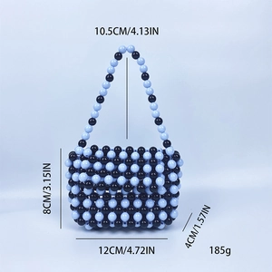 Spécifications détaillées du mini sac en perles bleu et noir avec dimensions de l'anse