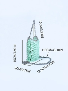 Detailed size chart of a green sequin mini bucket bag with silver chain strap measurements