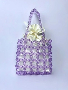 Purple Acrylic Crystal Beaded Handbag Handmade Woven Fashion Bag With Satin Drawstring Inner Pouch Retro Sweet Style